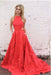A-Line Red Jewel Keyhole Back Sleeveless Sweep Train Satin Prom Dress with Appliques - Prom Dresses