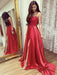 A Line Red Lace Long Prom Dresses with Leg Slit, Red Lace Formal Graduation Evening Dresses
