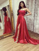 A Line Red Lace Long Prom Dresses with Leg Slit, Red Lace Formal Graduation Evening Dresses