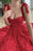 A Line Red Lace Tea Length Prom Dresses with Pocket, Red Lace Formal Evening Dresses