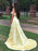 A Line Round Neck Yellow Floral Long Prom Dresses, 3D Flowers Yellow Formal Evening Dresses