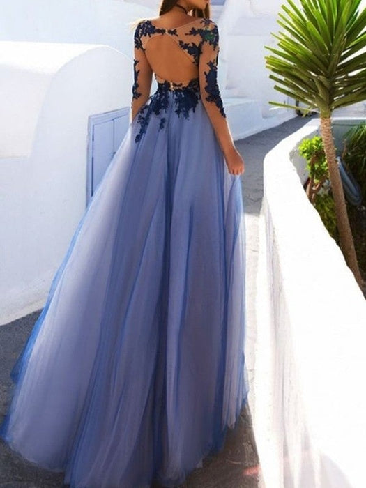 A-Line Scoop Long Sleeves Floor-Length With Applique Tulle Dresses - Prom Dresses