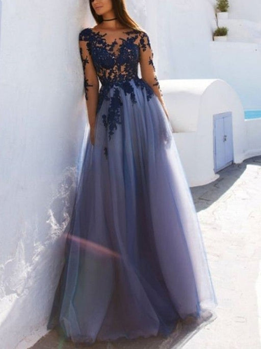 A-Line Scoop Long Sleeves Floor-Length With Applique Tulle Dresses - Prom Dresses