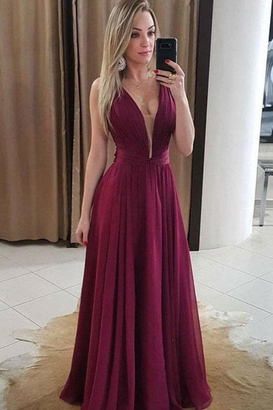 A Line Chic V Neck Two Piece Long Prom Dresses Cheap - Bridelily
