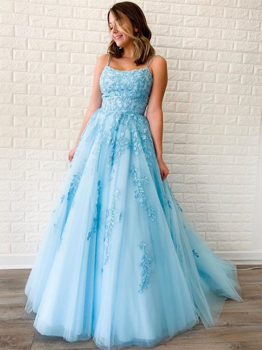 Open Back Light Blue Tulle Lace Floral Long Prom Dresses, Light Blue L —  Bridelily