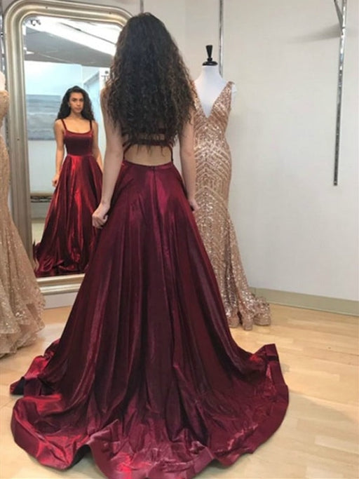 A Line tti Straps Burgundy Satin Long Prom Dresses with Pocket, Burgundy Formal Dresses, Burgundy Evening Dresses