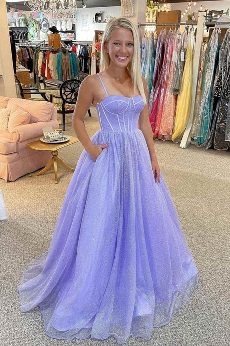 A Line tti Straps Blue/Pink/Lilac Tulle Long Prom Dresses, Shiny Blue/Pink/Lilac Formal Evening Dresses 