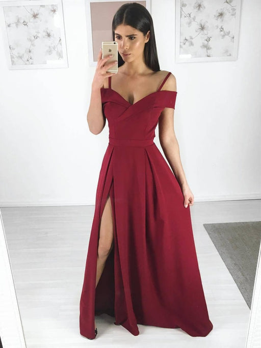 A Line tti Straps Off Shoulder Burgundy Long Prom Dresses with Side Slit, Burgundy Long Evening Dresses, Formal Dresses, Graduation Dresses