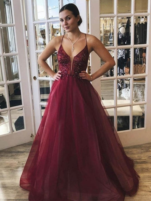 A Line tti Straps V Neck Beaded Burgundy Long Prom Dresses, V Neck Burgundy Formal Graduation Evening Dresses