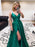 A Line tti Straps V Neck Green Long Prom Dresses with Leg Slit, V Neck Green Formal Graduation Evening Dresses