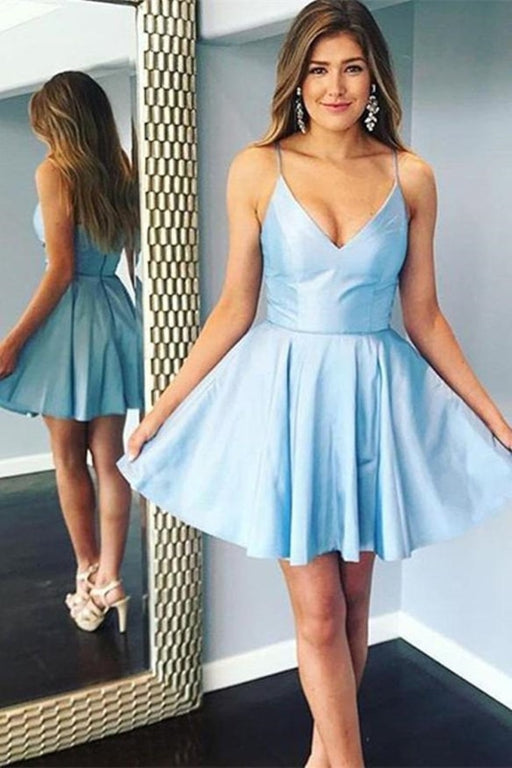 A Line tti Straps V Neck Short Light Blue Prom Homecoming Dresses, Light Blue Formal Graduation Evening Dresses