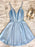 A Line tti Straps V Neck Short Light Blue Prom Homecoming Dresses, Light Blue Formal Graduation Evening Dresses