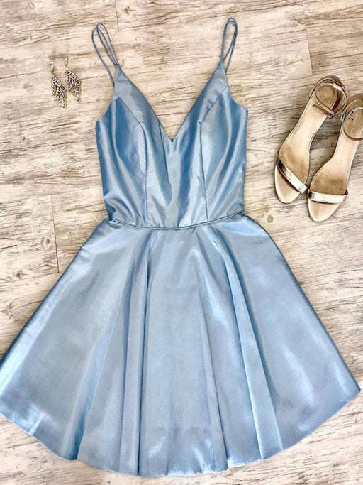 A Line tti Straps V Neck Short Light Blue Prom Homecoming Dresses, Light Blue Formal Graduation Evening Dresses