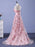 A Line Strapless Open Back 3D Flowers Pink Lace Prom Dresses, Pink Formal Graduation Evening Dresses with 3D Flowers