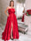 A Line Strapless Red Satin Long Prom Dresses with Pocket, High Slit Red Formal Graduation Evening Dresses 