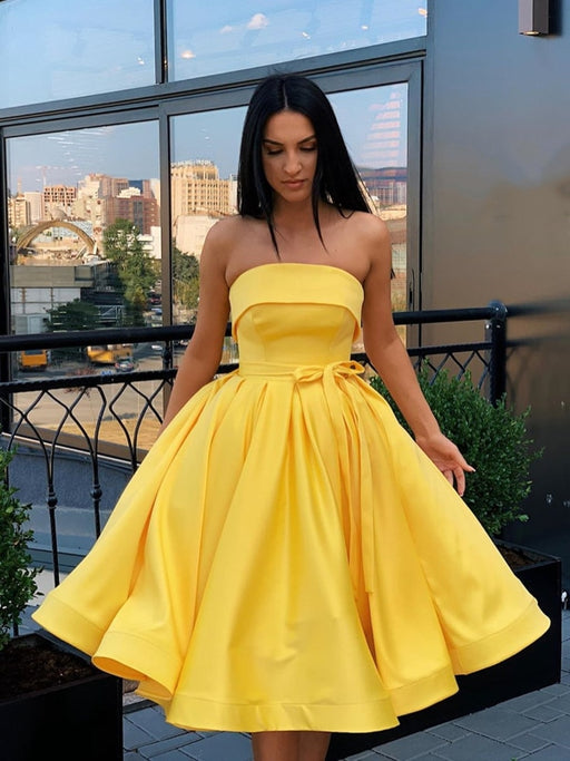 A Line Strapless Short Pink Yellow Prom Dresses, Strapless Short Pink Formal Graduation Homecoming Dresses