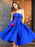 A Line Strapless Tea Length Royal Blue Satin Prom Dresses with Pockets, Royal Blue Homecoming Dresses, Formal Dresses, Evening Dresses