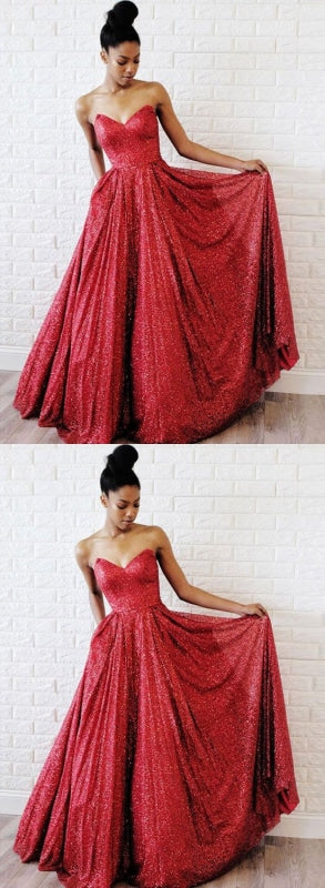 A Line Sweetheart Neck Burgundy Sequins Long Prom Dresses, Burgundy Evening Dresses, Formal Dresses