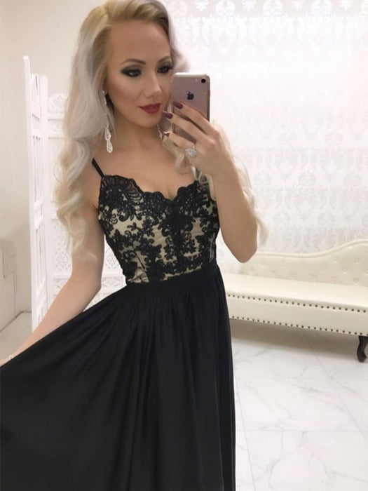 A Line Sweetheart Neck Lace Long Black Prom Dresses with  Black Lace Formal Graduation Evening Dresses, Black Party Dresses