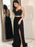 A Line Two Pieces Lace Black Long Prom Dresses with Slit, Two Pieces Black Formal Dresses, Lace Black Evening Dresses