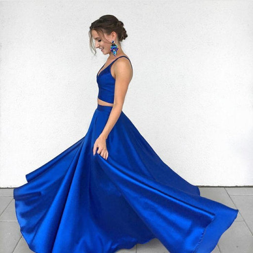 A Line Two Pieces Royal Blue Long Prom Dresses, Royal Blue Two Pieces Formal Dresses, Two Pieces Royal Blue Graduation Dresses