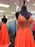 A Line V Neck Backless Beaded Orange Chiffon Long Prom Dresses, Orange Formal Evening Dresses