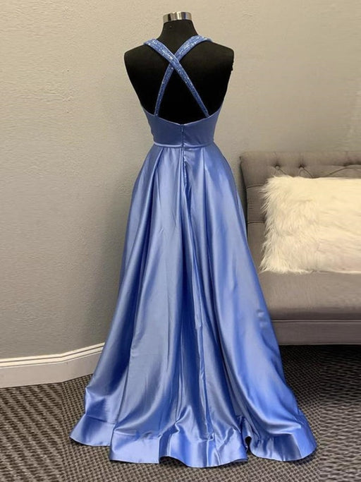 A Line V Neck Backless Blue Long Prom Dresses, Open Back Blue Formal Graduation Evening Dresses