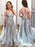 A Line V Neck Backless Gray Lace Long Prom Dresses, Grey Lace Formal Evening Dresses