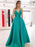 A Line V Neck Backless Green Long Prom Dresses with Pocket, Backless Green Formal Graduation Evening Dresses