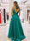 A Line V Neck Backless Green Long Prom Dresses with Pocket, Backless Green Formal Graduation Evening Dresses