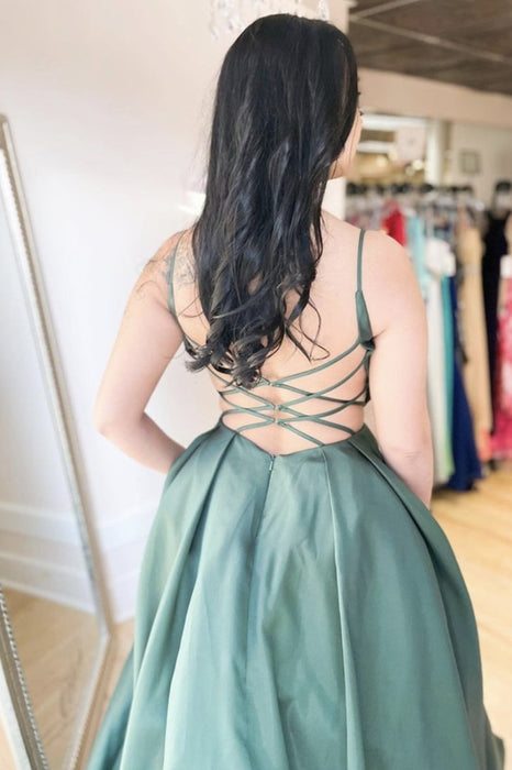 A Line V Neck Backless Green Satin Long Prom Dresses, Open Back Green Formal Dresses, Green Evening Dresses