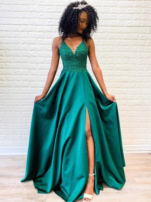 A Line V Neck Backless Lace Green Prom Dresses with  Backless Green Lace Formal Dresses, Green Lace Evening Dresses