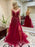 A Line V Neck Backless Lace Long Burgundy Prom Dresses with Leg Slit, Backless Burgundy Lace Formal Dresses, Burgundy Lace Evening Dresses