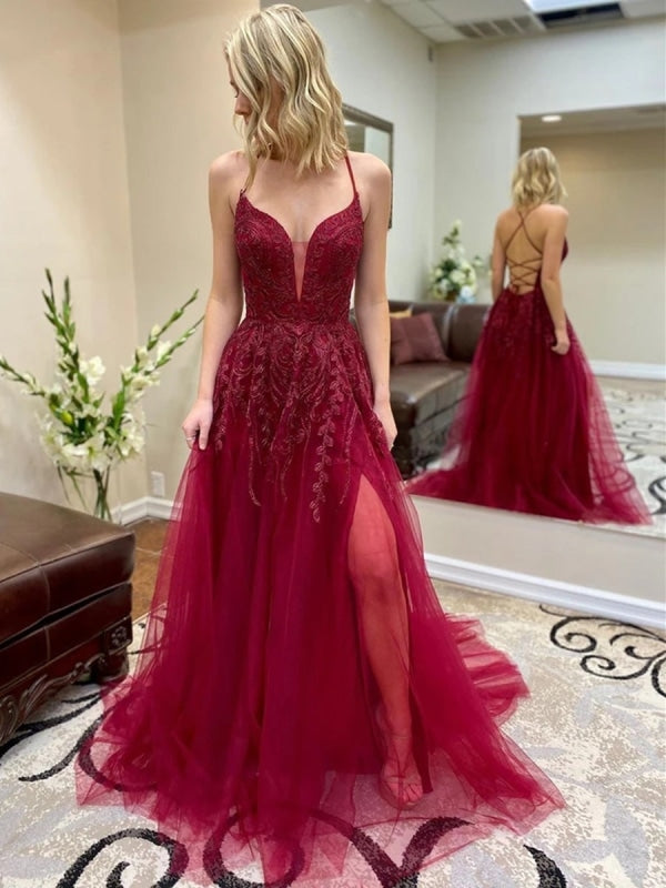 Maroon lace 2025 formal dress