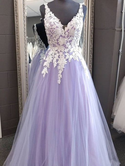 V Neck Backless Purple Tulle Prom Dresses with Belt, Backless Purple H —  Bridelily