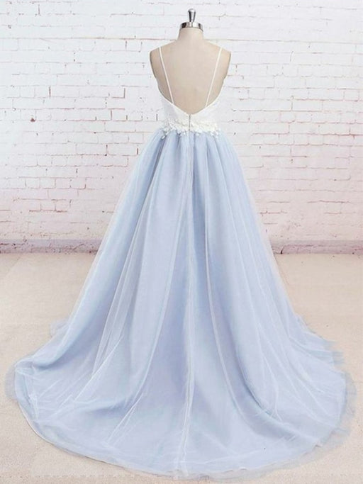 A Line V Neck Backless Light Blue Tulle Long Prom Dresses with White Lace Appliques, Light Blue Graduation Dresses, Light Blue Formal Evening Dresses