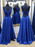 A Line V Neck Backless Long Blue Lace Prom Dresses, Backless Blue Lace Formal Graduation Evening Dresses