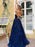 A Line V Neck Backless Navy Blue Lace Long Prom Dresses, Open Back Navy Blue Lace Formal Dresses, Navy Blue Lace Evening Dresses