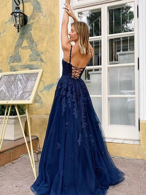 A Line V Neck Backless Navy Blue Lace Long Prom Dresses, Open Back Navy Blue Lace Formal Dresses, Navy Blue Lace Evening Dresses