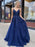 A Line V Neck Backless Navy Blue Lace Prom Dresses 2020, Backless Navy Blue Lace Formal Dresses, Navy Blue Lace Evening Dresses