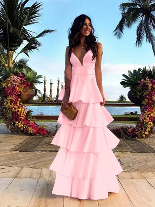 A Line V Neck Backless Navy Blue/Pink Long Prom Dresses, Backless Navy Blue/Pink Formal Dresses, Evening Dresses