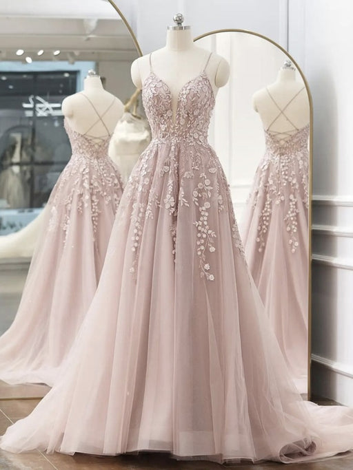 A Line V Neck Backless Pink Lace Floral Long Prom Dresses, Pink Lace Formal Graduation Evening Dresses 