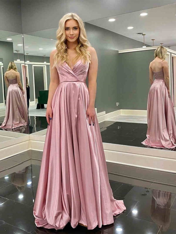 A Line V Neck Backless Pink Long Prom Dresses, V Neck Pink Formal Graduation Evening Dresses 