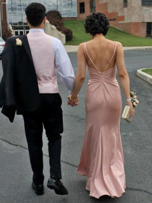 A Line V Neck Backless Pink Satin Long Prom Dresses with  V Neck Backless Pink Formal Dresses, Backless Pink Evening Dresses