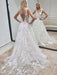 A Line V Neck Backless White Lace Wedding Dresses, Open Back White Lace Prom Formal Dresses
