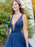 A Line V Neck Beaded Navy Blue Long Prom Dresses, V Neck Dark Blue Tulle Long Formal Evening Dresses