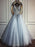 A Line V Neck Beaded Sequins Blue Tulle Long Prom Dresses, Blue Formal Dresses, V Neck Blue Evening Dresses