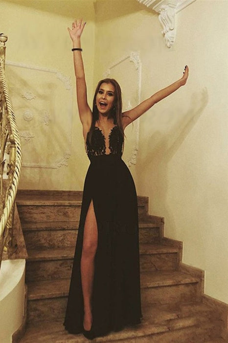 A Line V Neck Black Lace Long Prom Dresses with Leg Slit, Black Lace Formal Evening Dresses