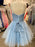 A Line V Neck Blue Lace Appliques Short Prom Dresses Homecoming Dresses, Blue Lace Formal Graduation Evening Dresses