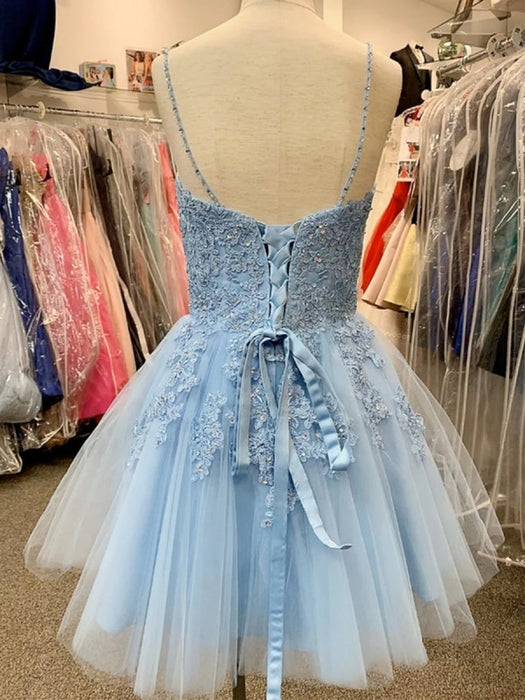 A Line V Neck Blue Lace Appliques Short Prom Dresses Homecoming Dresses, Blue Lace Formal Graduation Evening Dresses